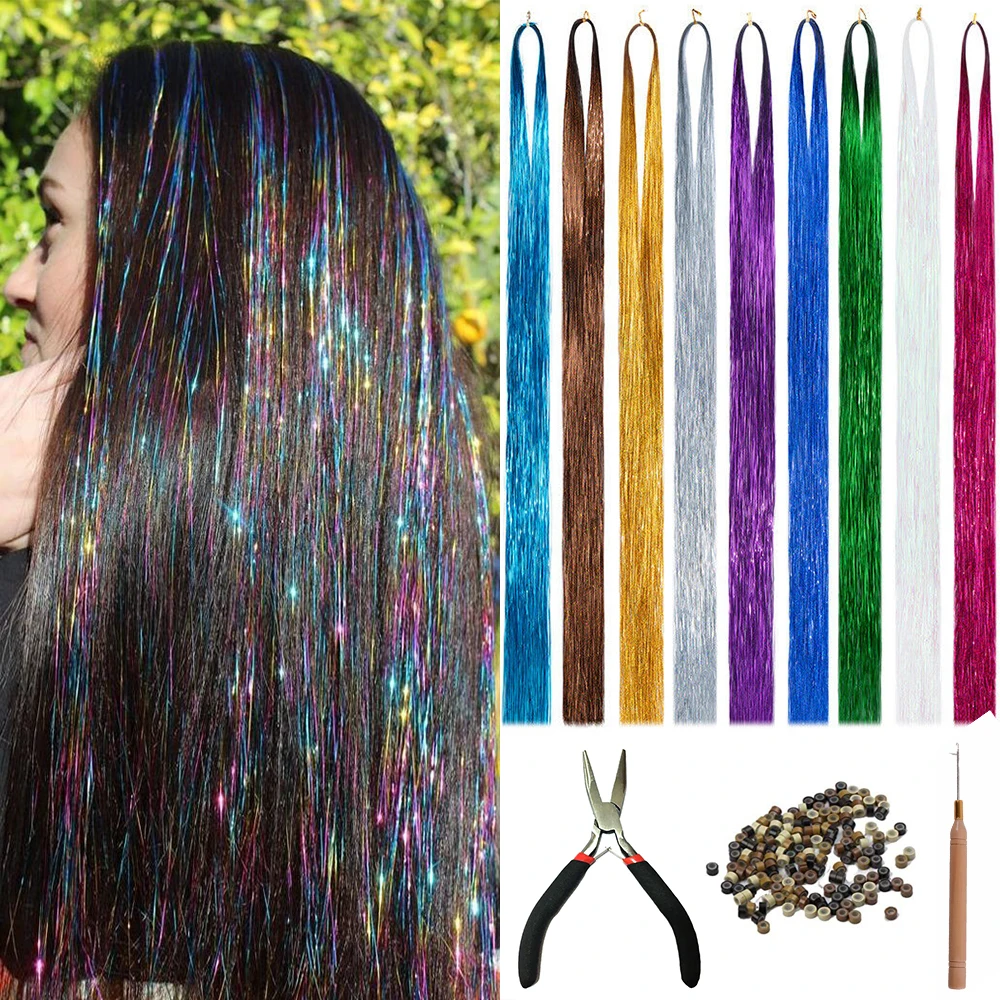 Azqueen Long Sparkle Shiny Hair Tinsel Rainbow Silk Hair Extensions Dazzles Women Hippie For Intrecciare Copricapo 120 Fili/Borsa