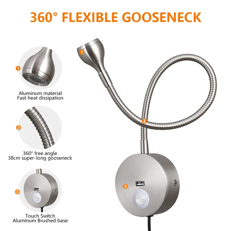 Tokili 플러그 인 독서 램프, 브러시드 니켈 벽 장착 스포트라이트 침대 헤드 보드, 구즈넥 스콘스 라이트 포커스 빔 AC100-240V, 3W