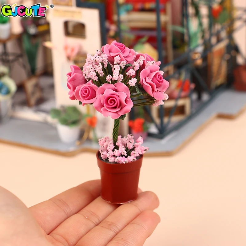 

1:12 Dollhouse Miniature Potted Plants Rose Flowerpot Bonsai Simulated Rose Flower Model Garden Home Doll Decor Toy