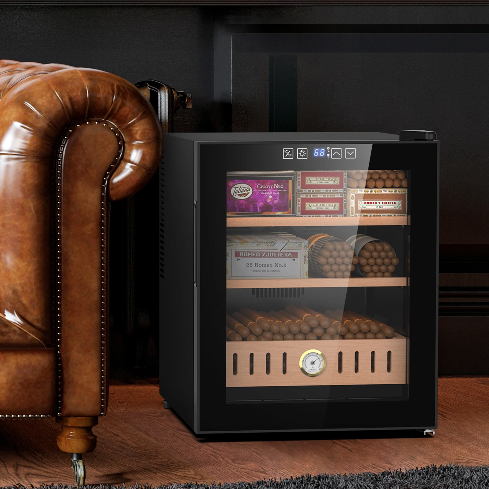 50L Electric Humidor Heating & Cooling Control Temperature Control Cabinet with Spanish Cedar Wood Shelves & Drawer Hygrometer