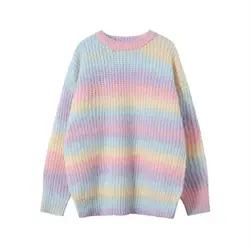 Fashion Autumn and Winter Gradient Tie Dye Loose Knitted Sweater Rainbow Versatile Couple Casual Pullover Sweater