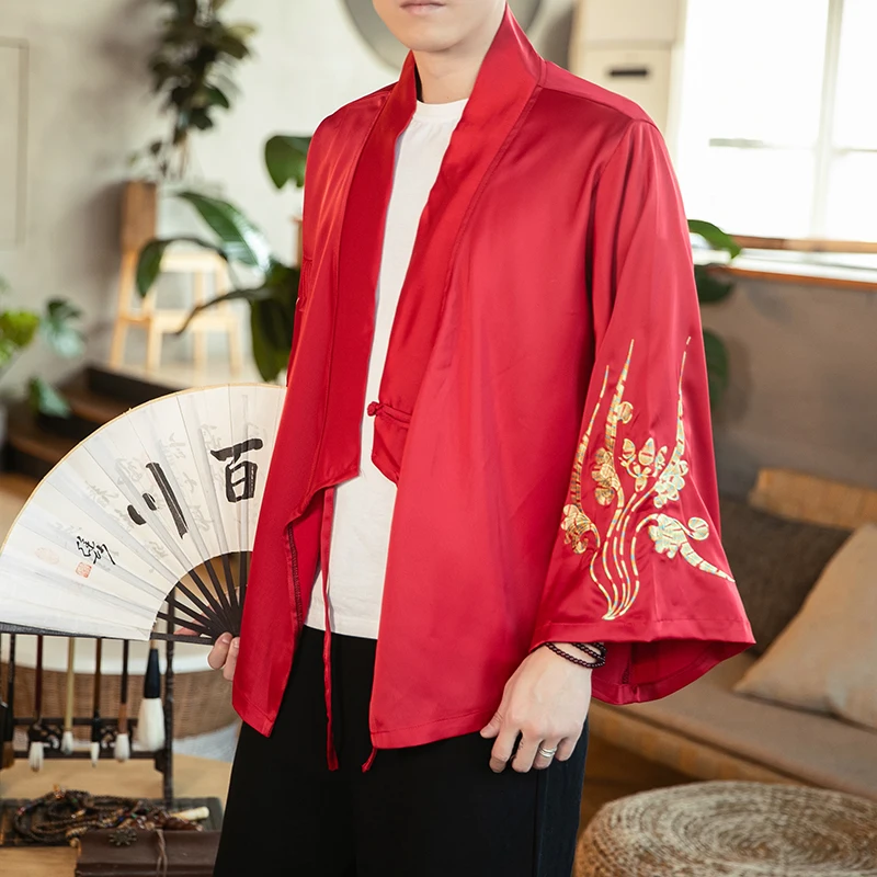 Haute Hanfu 남성용 중국 스타일 빈티지 탑, 시니시즘 탱 슈트, 다도 캐주얼 가디건 케이프 코트, 가을