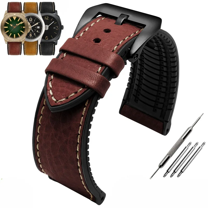 thumbnail image 1 of Correa de reloj de piel italiana + base de silicona de 20 mm, 22 mm y 24 mm para Omega Breitling Avenger, correa de caucho resistente al agua para hombre, 1 of 5