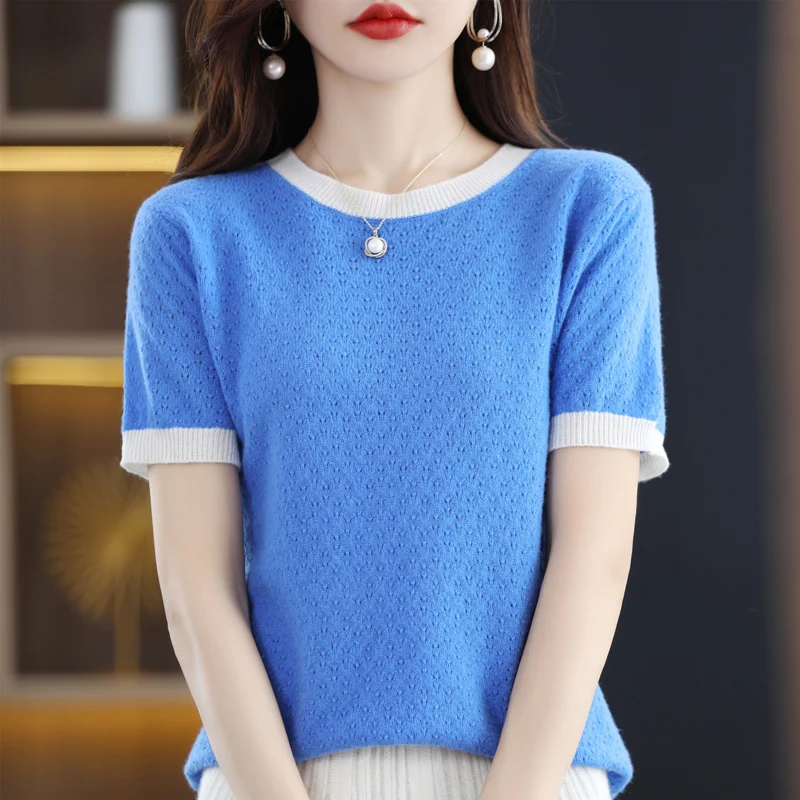 

2023 Summer New T-shirt Women's Round Neck Knit Pullover Loose Versatile Short Sleeve 100% Wool Color-blocking Casual T-shirt