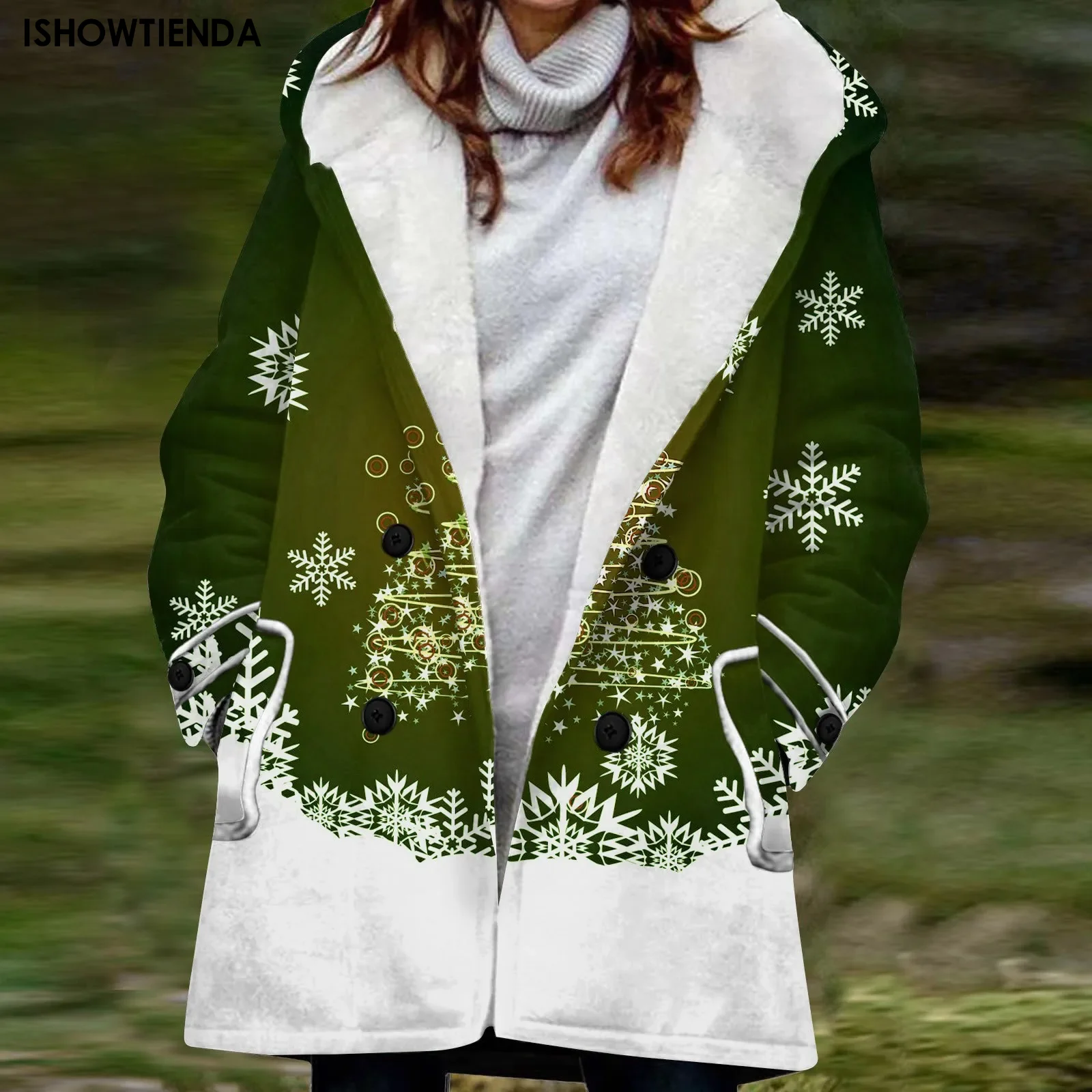 

Женская теплая флисовая куртка с капюшоном и карманами, зимняя длинная свободная куртка с принтом, 2023