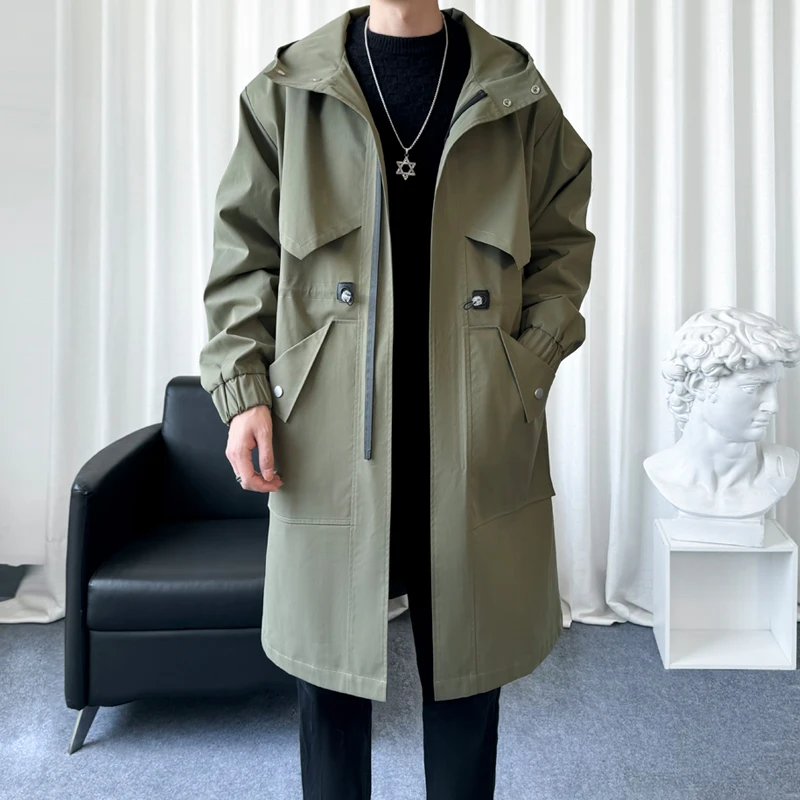 Mens Trench Coats Zippered Streetwear Men's Hooded Jackets Mid Length Big Pockets Oversize Windproof Outwear
