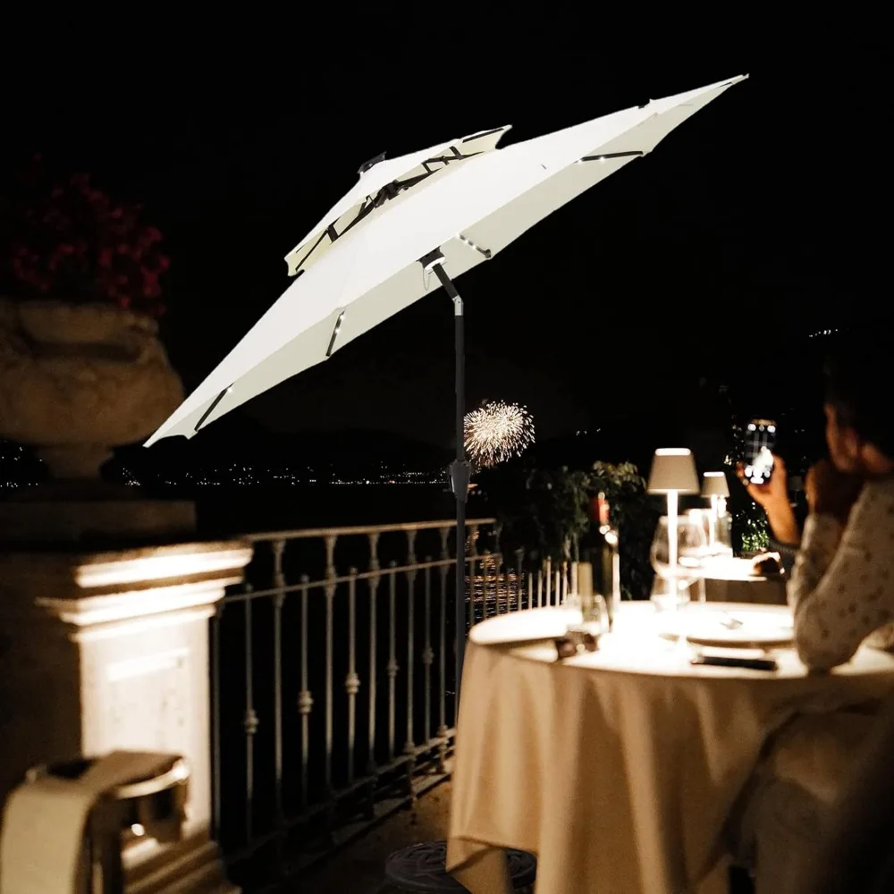 9 ft Double Top Solar Powered Outdoor Market Patio Table Umbrella with LED Lights and Tilt