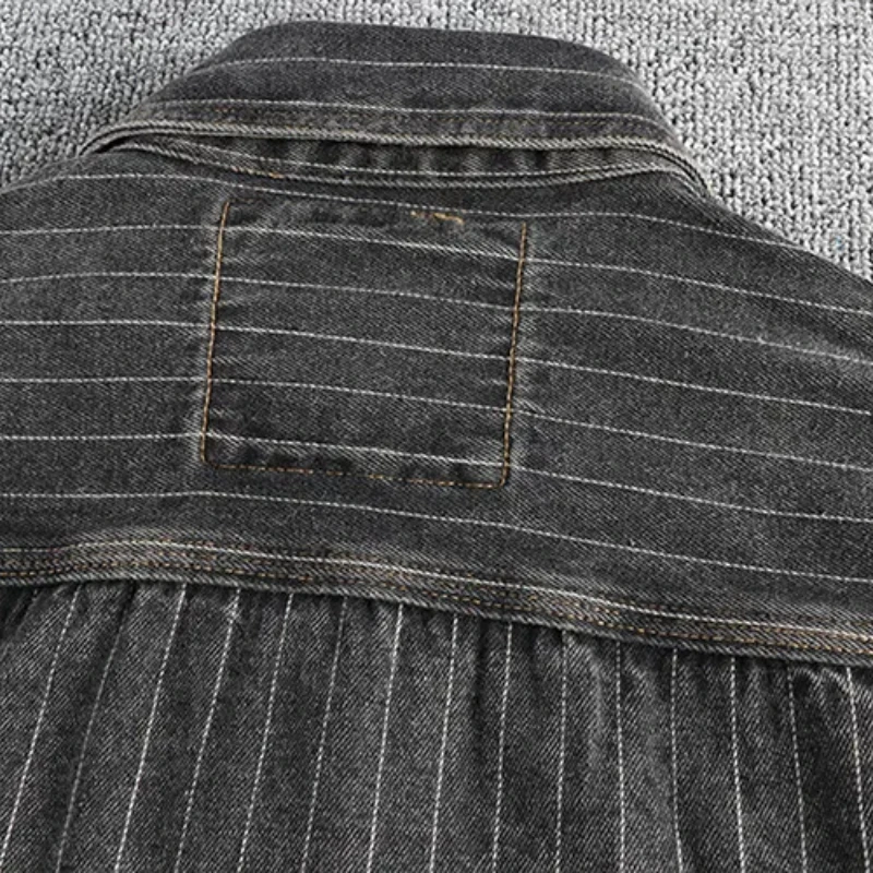 Heavy British retro black gray striped denim shirt men autumn end single cargo pocket shirt coat denim shirt