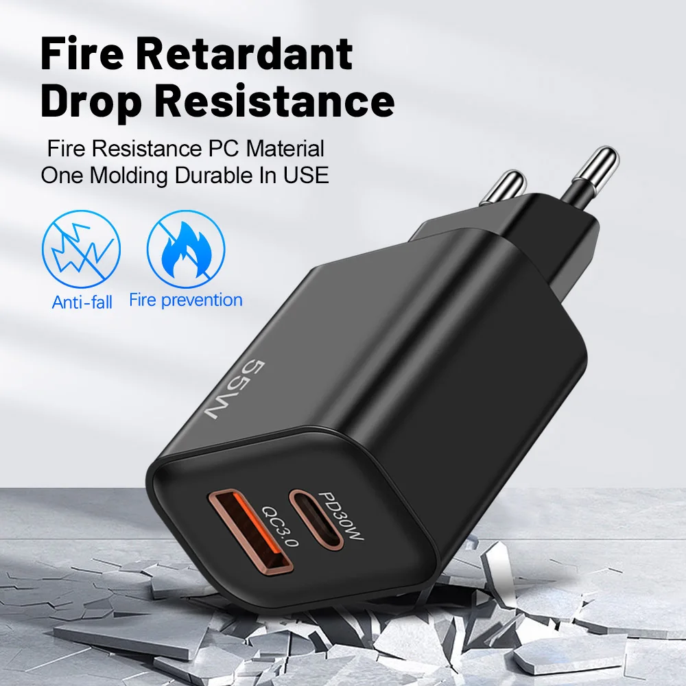 55W USB PD Charger Fast Charge Type C Wall Charger Quick Charge 3.0 Phone Adapter For iPhone 15 14 13 Pro Xiaomi Samsung