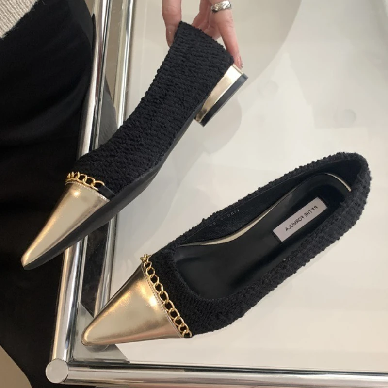 Fashion Metal Chain Decoration Low-heeled Shoes Women Elegant Pointed Toe Shallow Brand Designer Shoes Comfort Zapatos De Mujer 31 Fashion Metal Chain Decoration Low-heeled Shoes Women Elegant Pointed Toe Shallow Brand Designer Shoes Comfort Zapatos De Mujer - Image 3