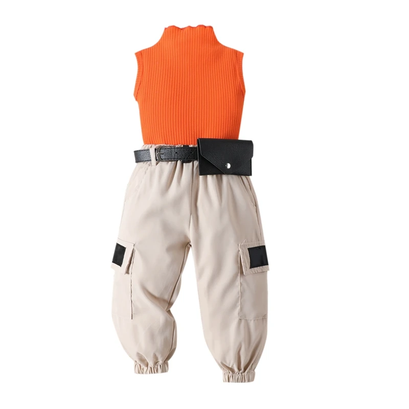 

Комплект одежды для девочек, однотонный топ без рукавов с ложным воротником и поясом с большими карманами, брюки-карго, комплект из 3 предметов