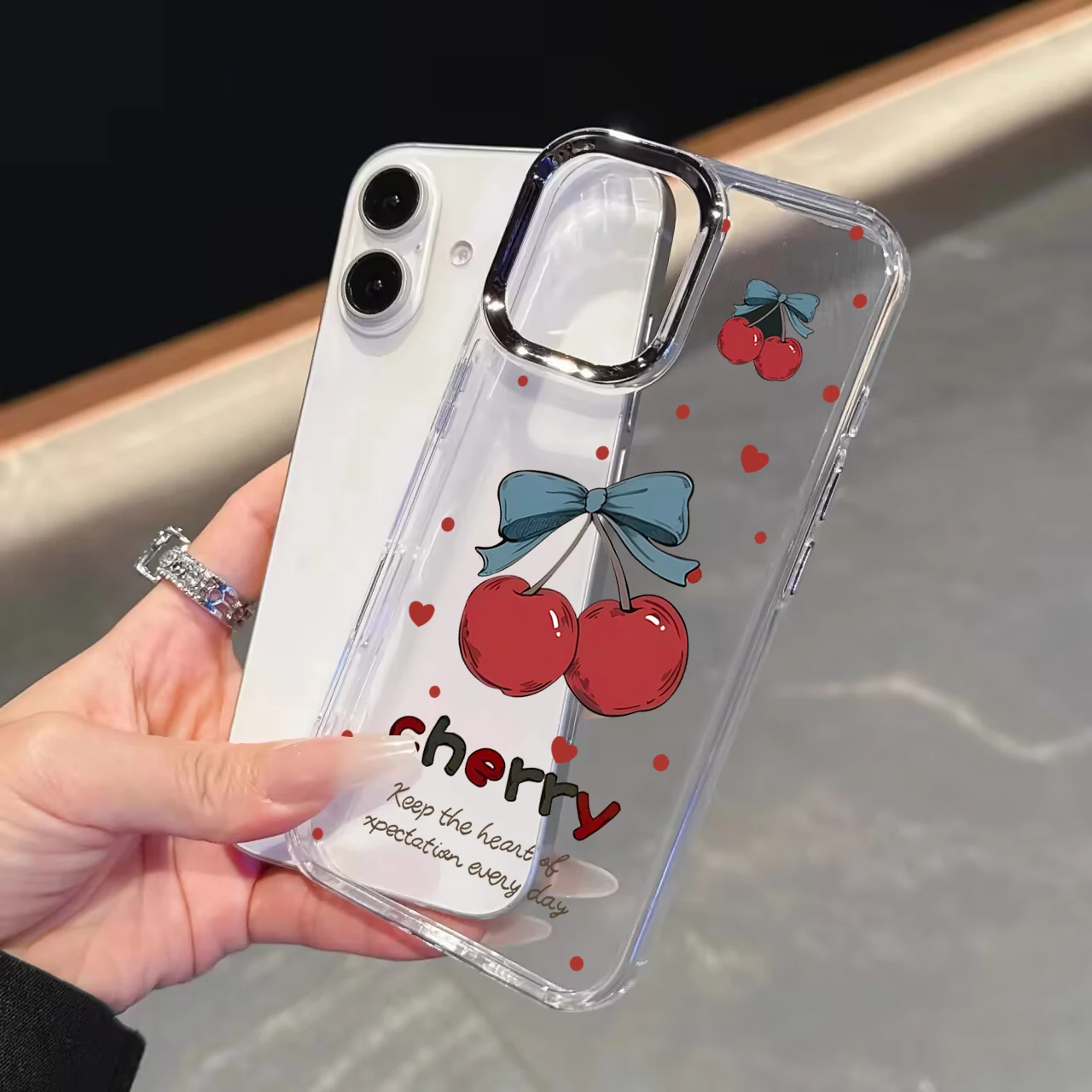 Elegant Cherry Lichee Flower Phone Case with Bow Design - Cute Plating Metal Lens, Clear and Soft