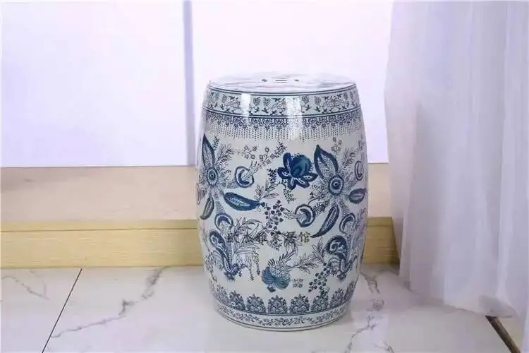 White Porcelain and Drawn Blue Shoe Hand Changing Stool Ceramic Drum Bathroom Neoclassical Imitation Sitting Stool Low Round