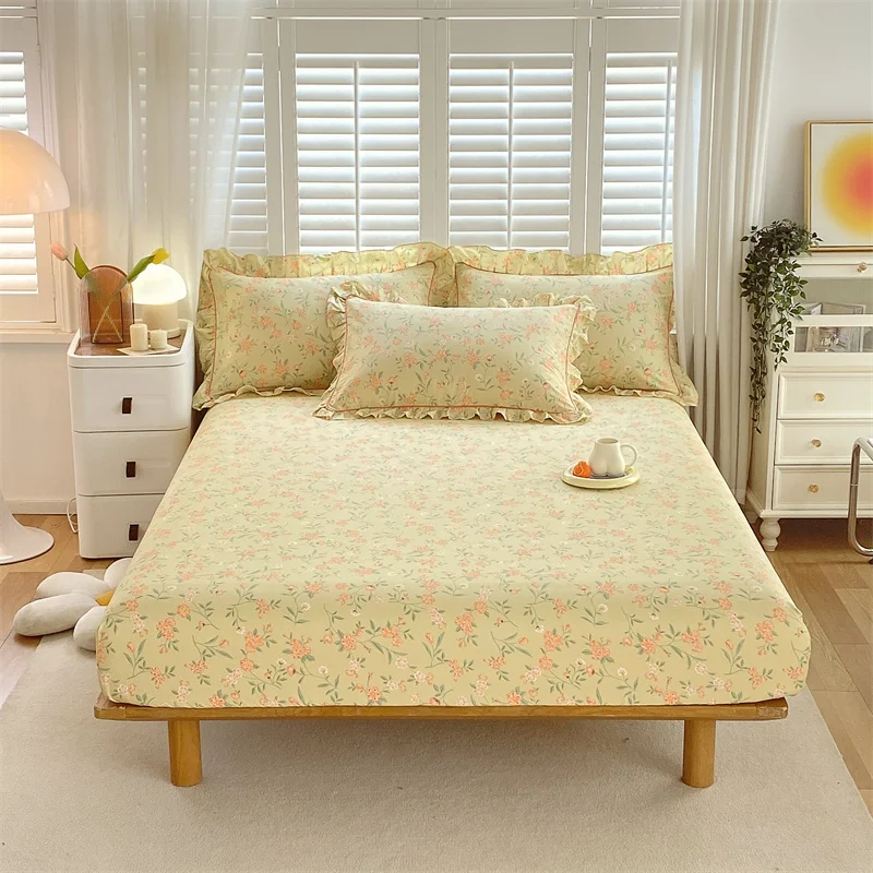 Bonenjoy 1 pc 100%Cotton Fitted Sheet Floral Flower Printed Bed Cover with Elastaic Queen/King Size Bed Fitted Sheet 180x200cm 3
