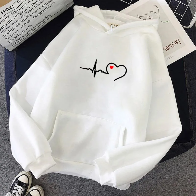 cute sweatshirts Harajuku Casual Women Hooded Hoodies Heartbeat Printed Sweatshirt Oversized Long Sleeve Korean Style Pullover Loose Streetwear matching hoodies Hoodies & Sweatshirts