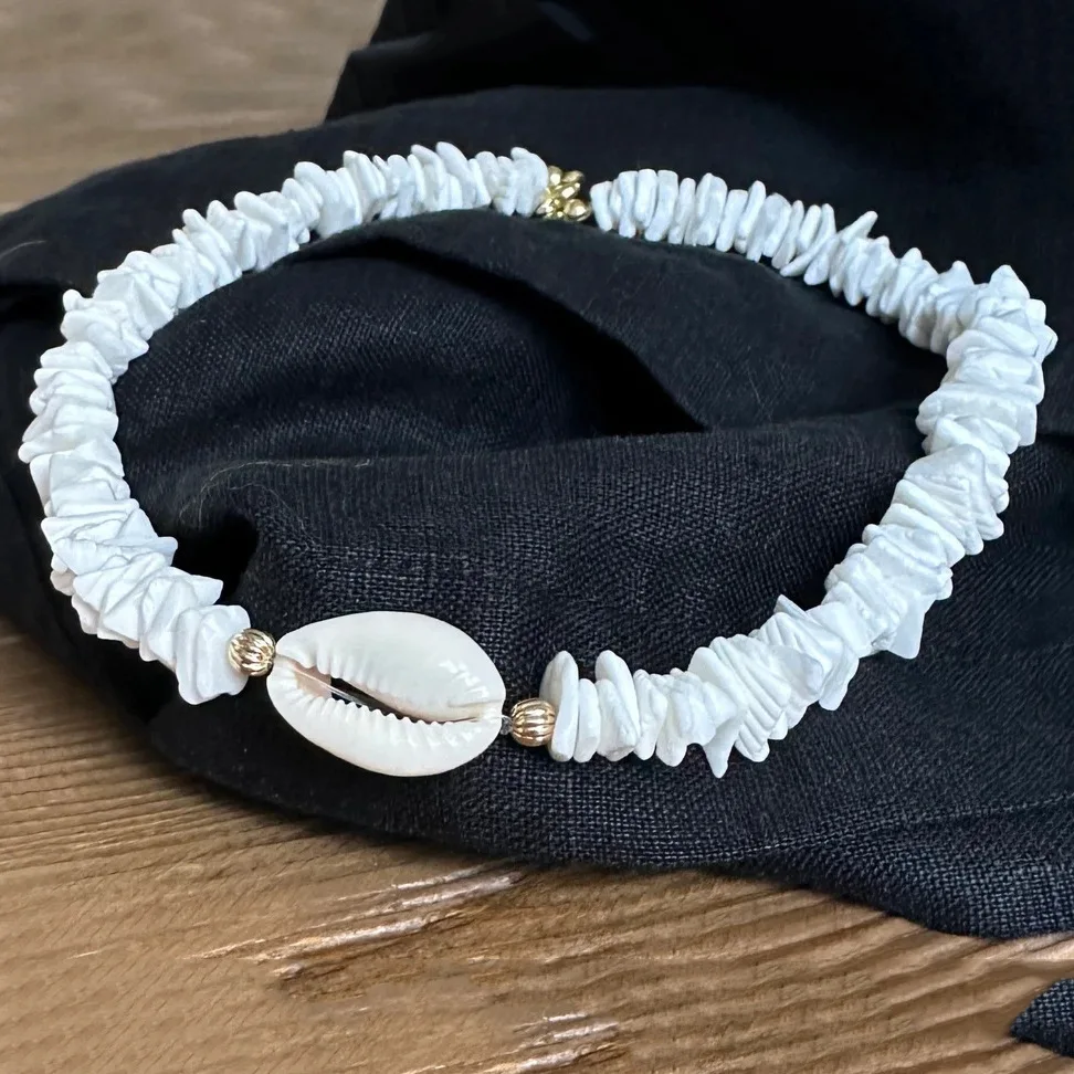 Puka Shell Choker Necklace White Round Hawaiian Natural Sea Shell