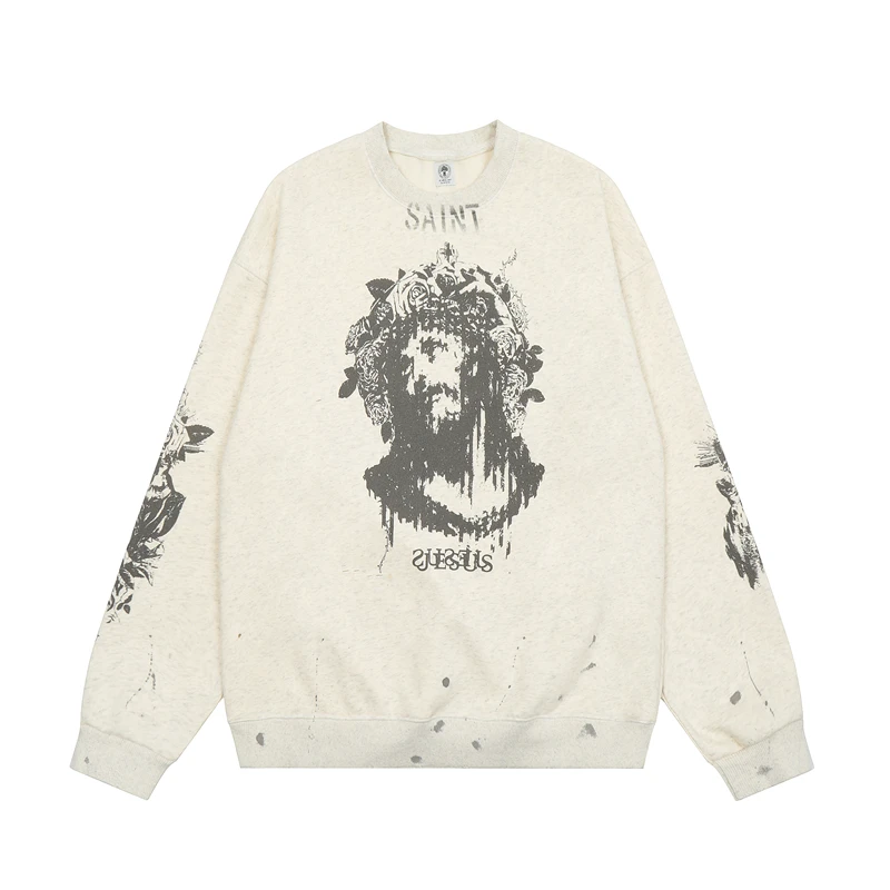 

23ss High Quality Saint Michael Jesus print Vintage Raglan Sweatshirt Men Women Damaged Hooded