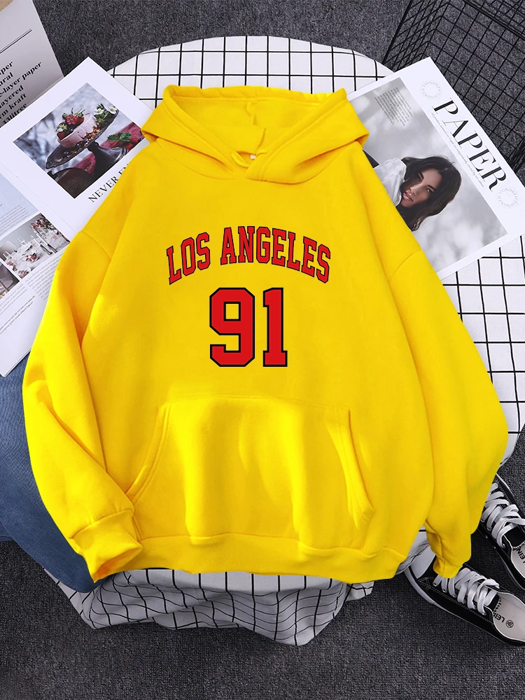 

Los Angeles 91 Team Uniform Women Hooded Fashion Aesthetic Streetwear Creativity Oversize Pullover Hip Hop Pocket Sweatshirts