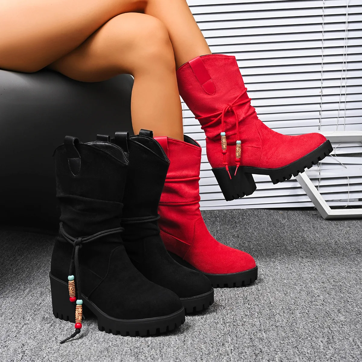Women Boots Suede Platform Mid-Tubular Shoes Round Toe Sleeve Platform Anti-Slip Wear-Resistant Thick Heel Ladies' Fashion Boots