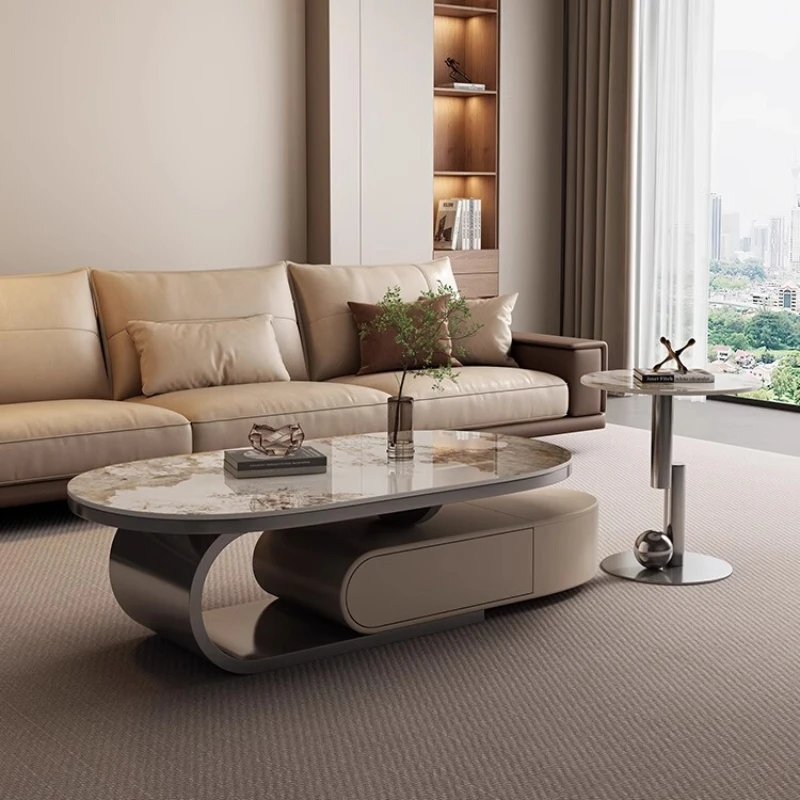 

The coffee table is light and luxurious, with a modern minimalist elliptical rock panel that exudes a sense of luxury