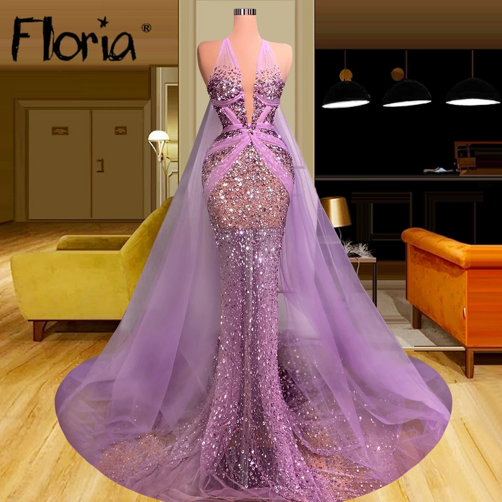 Affordable Grey See-through Evening Dresses 2020 A-Line / Princess High  Neck Sleeveless Beading Sequins Floor-Length / Long Ruffle Backless Formal  Dresses