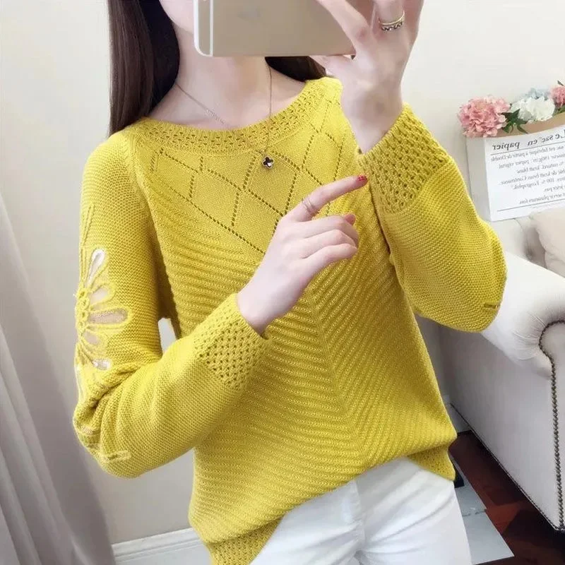 

2023 Spring Autumn Hollow Out Women Sweaters Fashion Glitter Knitted Jumper Woman Short Loose-fitting Female Pullovers Top