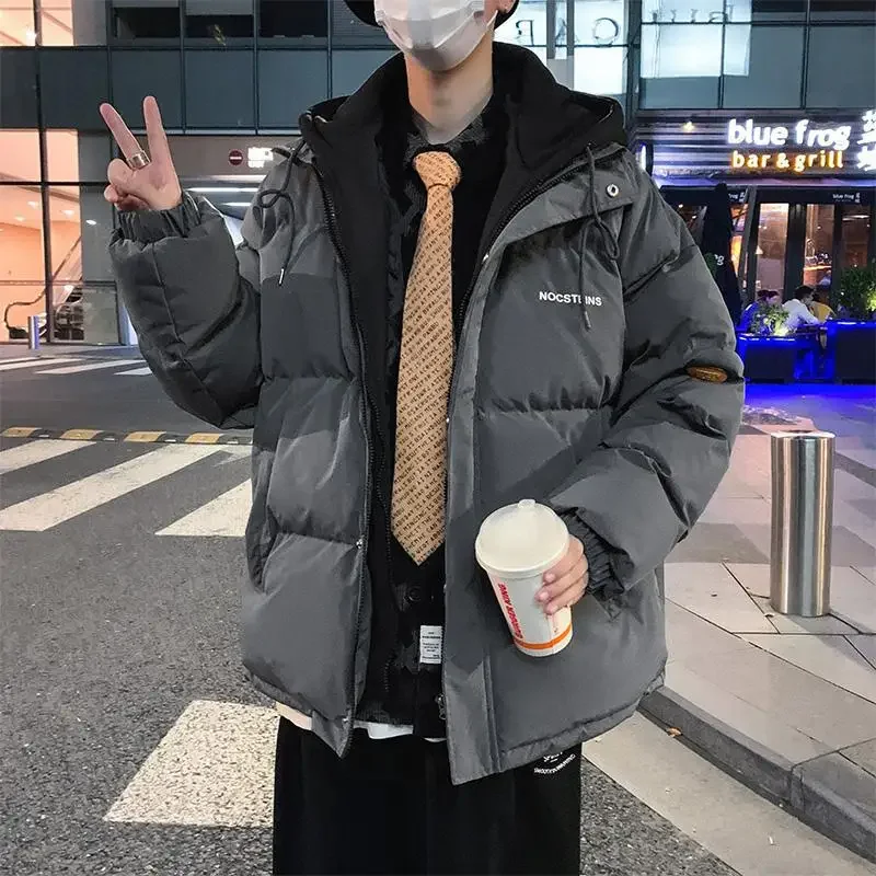 Cotton Jacket Men's Winter Down Cotton Coat Men's Trendy Versatile Hooded Cotton Jacket Fake Two Pieces Student Bread Jacket