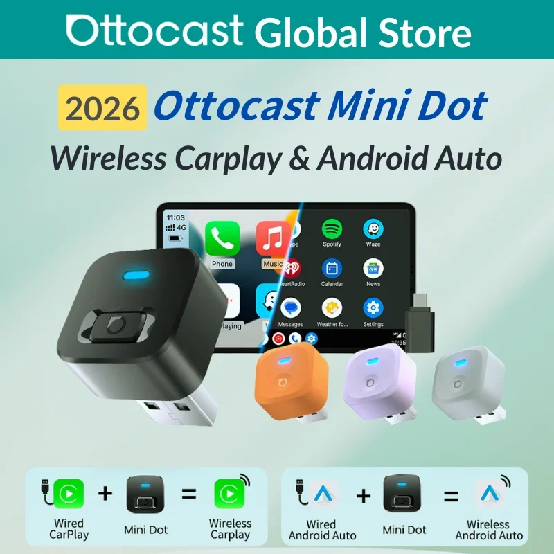 Ottocast Mini Dot Wireless Carplay Adapter Android Auto Dongle Wired to Wireless WiFi 6 Bluetooth 5.4 Plug & Play for Audi Kia