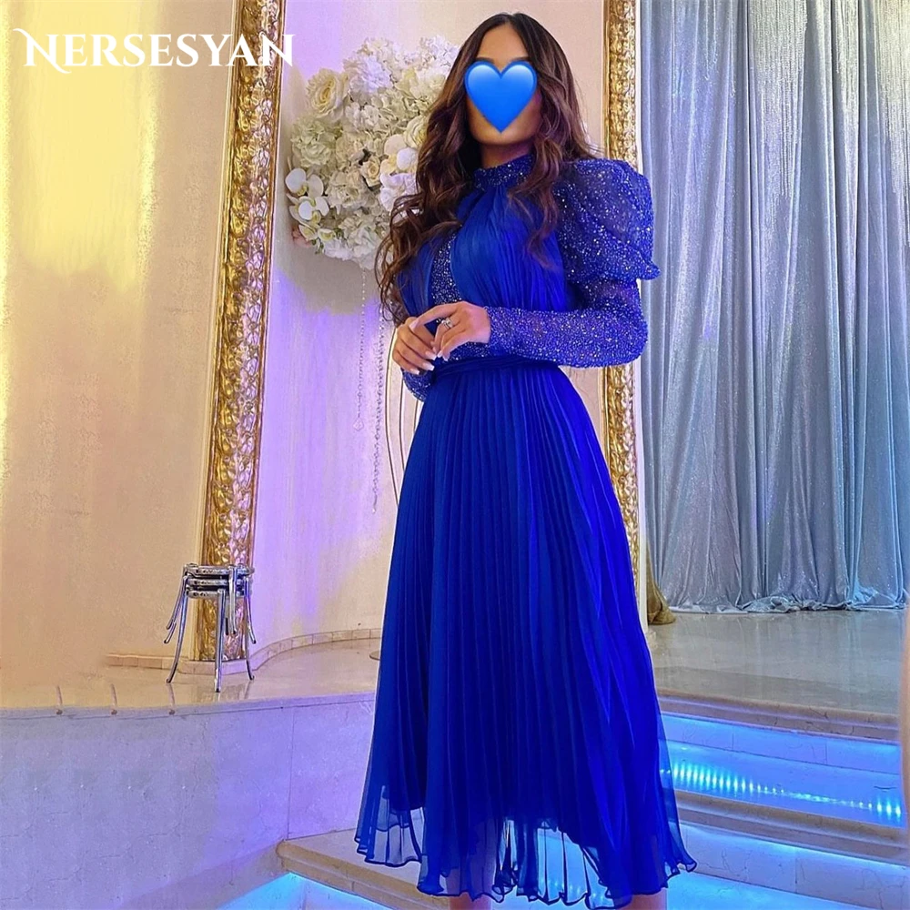 

Nersesyan Royal Blue Glitter Formal Evening Dresses High Neck Pleated A-Lin Prom Dress Sparkly Puff Sleeves Pagenat Party Gowns