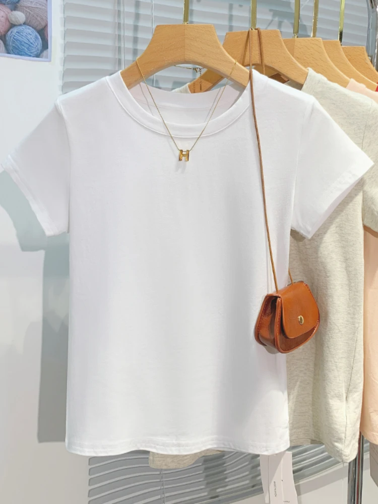 AOSSVIAO 2025 تي شيرت نسائي صيفي 100% قطن قاع أساسي عصري سادة سيدة قصيرة الأكمام بلايز قمصان 2