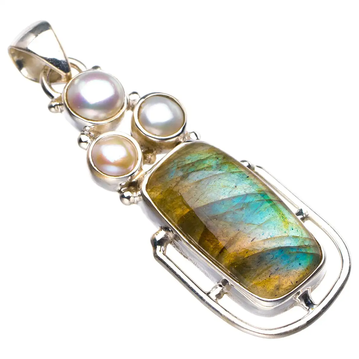 

StarGems Natural Blue Fire Labradorite And River Pearl Handmade 925 Sterling Silver Pendant 1.75" D5659