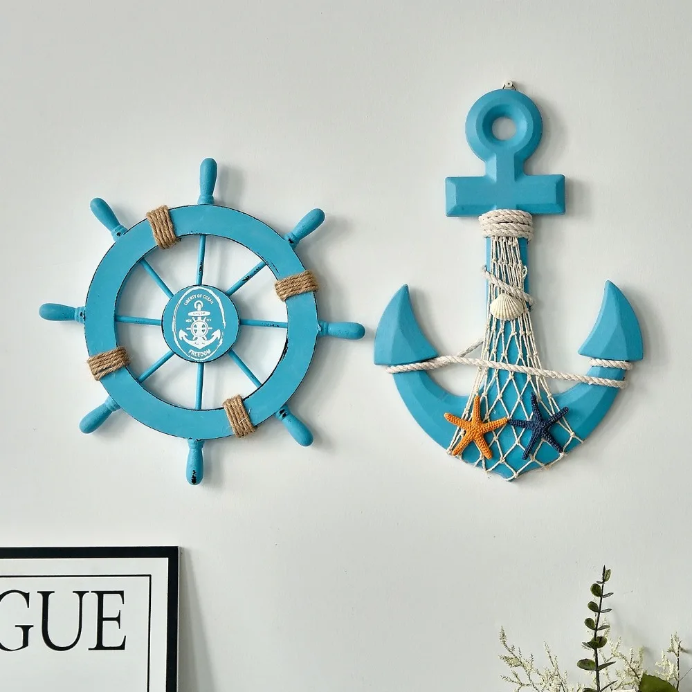 Timone e ancora per nave in legno nautica da 2 pezzi con corda, decorazione da parete per porta, ornamento da appendere, decorazione per la casa a tema spiaggia - immagine 5