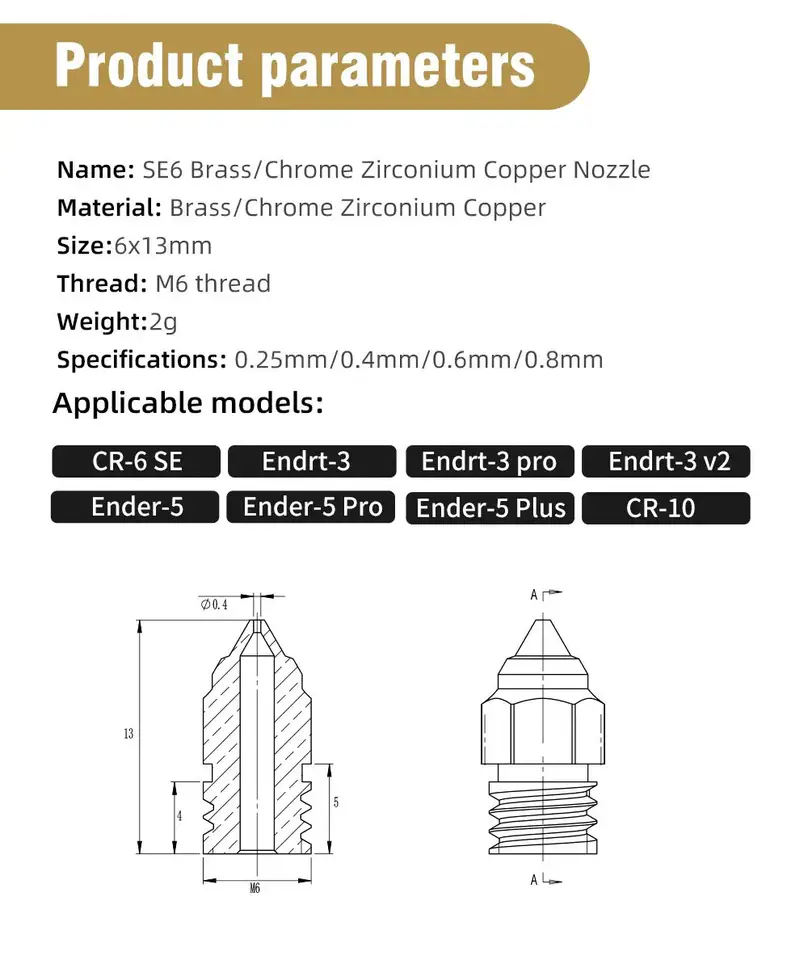 MK8 Nozzle For CR-6 SE Hard Steel Brass Copper Plated Nozzles for CR6 SE CR5 Pro Ender 3 S1 Pro CR10 V2 Ender5 Nozzle 0.4 0.6mm image 6