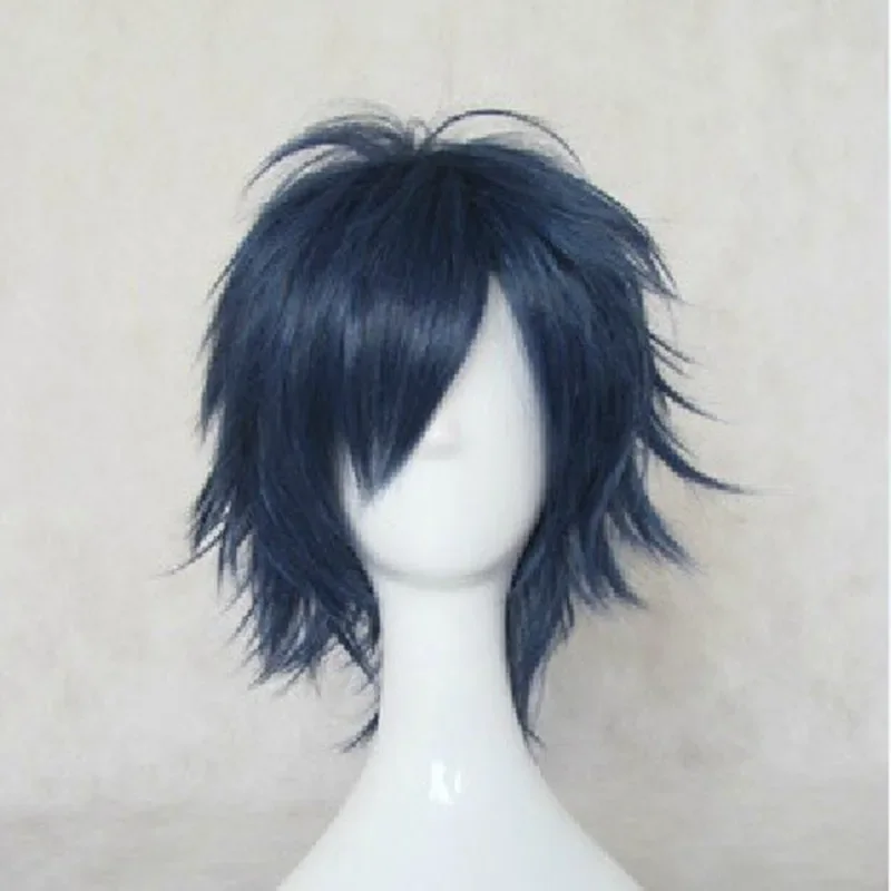 Men Blue Cosplay Wig Layered Short Straight Synthetic Hair Wigs for Young People