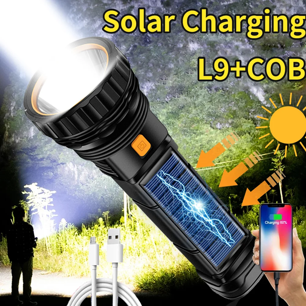 

USB/Солнечный перезаряжаемый фонарик, встроенный аккумулятор с COB боковым тактическим фонарь онариком для кемпинга, мощный светодиодный фонарик L9