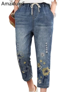 AmaxluluE 2025 Cinese di Modo di Estate Delle Signore Vintage Ricamo Jeans Delle Donne Casual Floreale Pantaloni In Denim Strappato Harem Pantalons 1