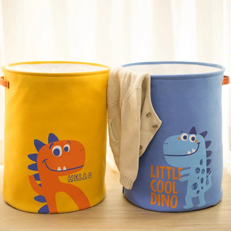 Cute Kid Cartoon Laundry Basket Foldable Organizer With Drawstring Handle Toy Collection Storage Box Dinosaur Design Canvas