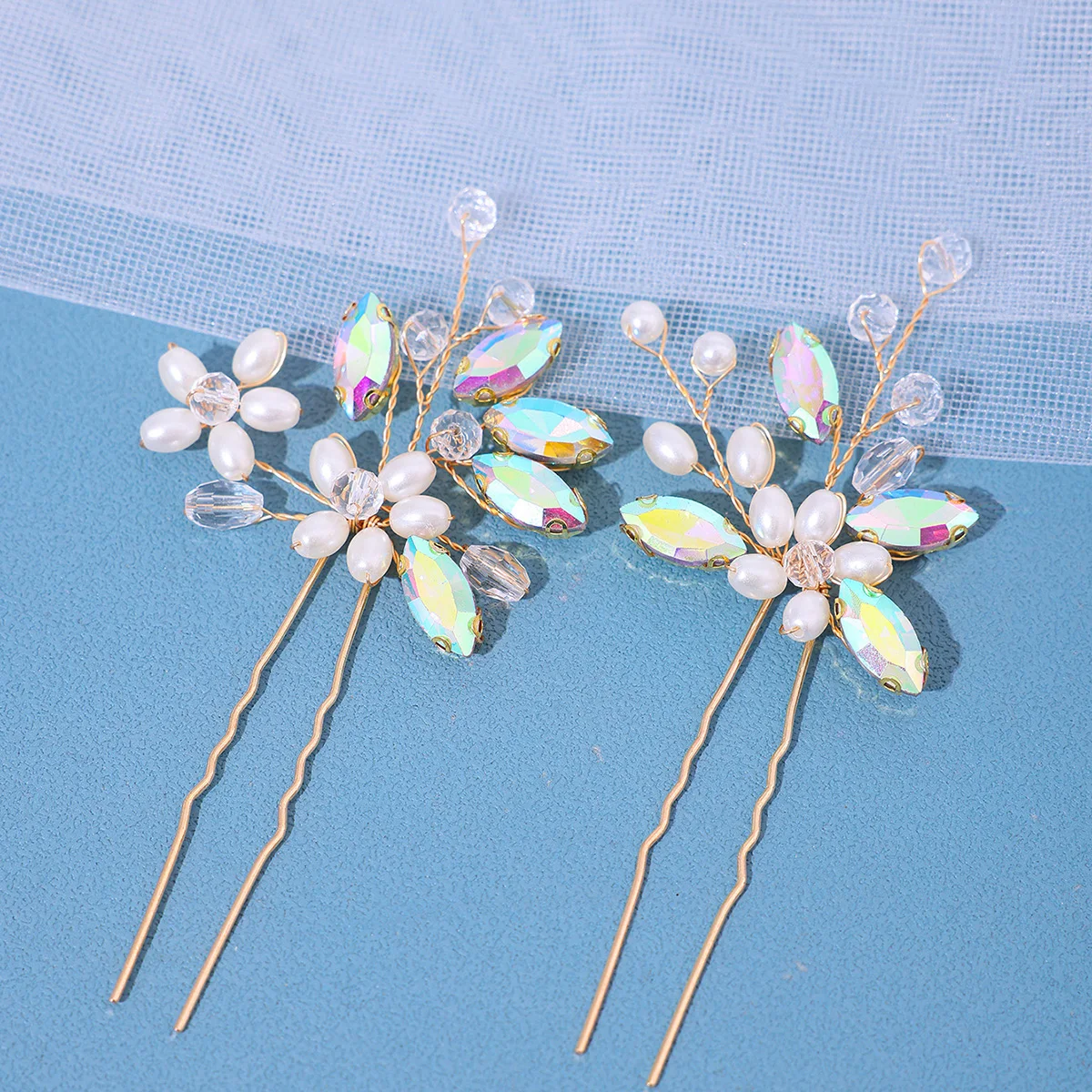 Handmade Crystal Pearls Hairpins Flower Hairbands Women Bride Wedding Hair Accessories Rhinestone Hair Clips 2Pcs