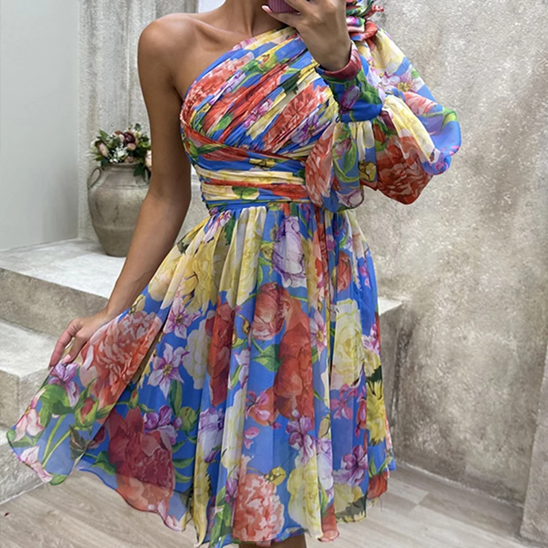 

Elegant Floral Print Long Sleeve Party Dress Elegant Fashion Off Shoulder Pleat Dresses Women Sexy Slash Neck Ruffle Mini Dress