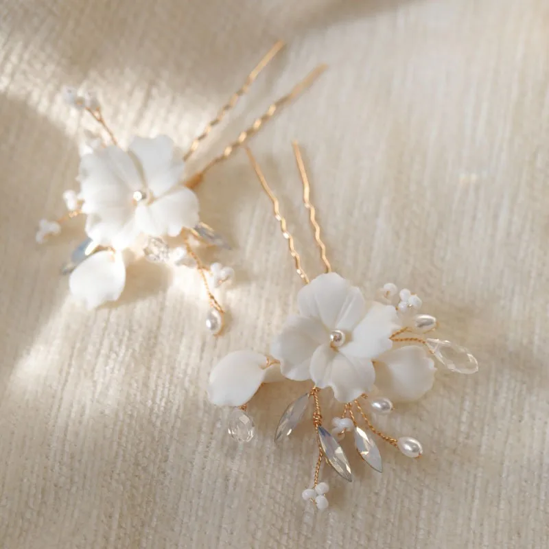 SLBRIDAL 핸드메이드 인스 스타일 세라믹 꽃 진주 브라이덜 헤어핀 세트..