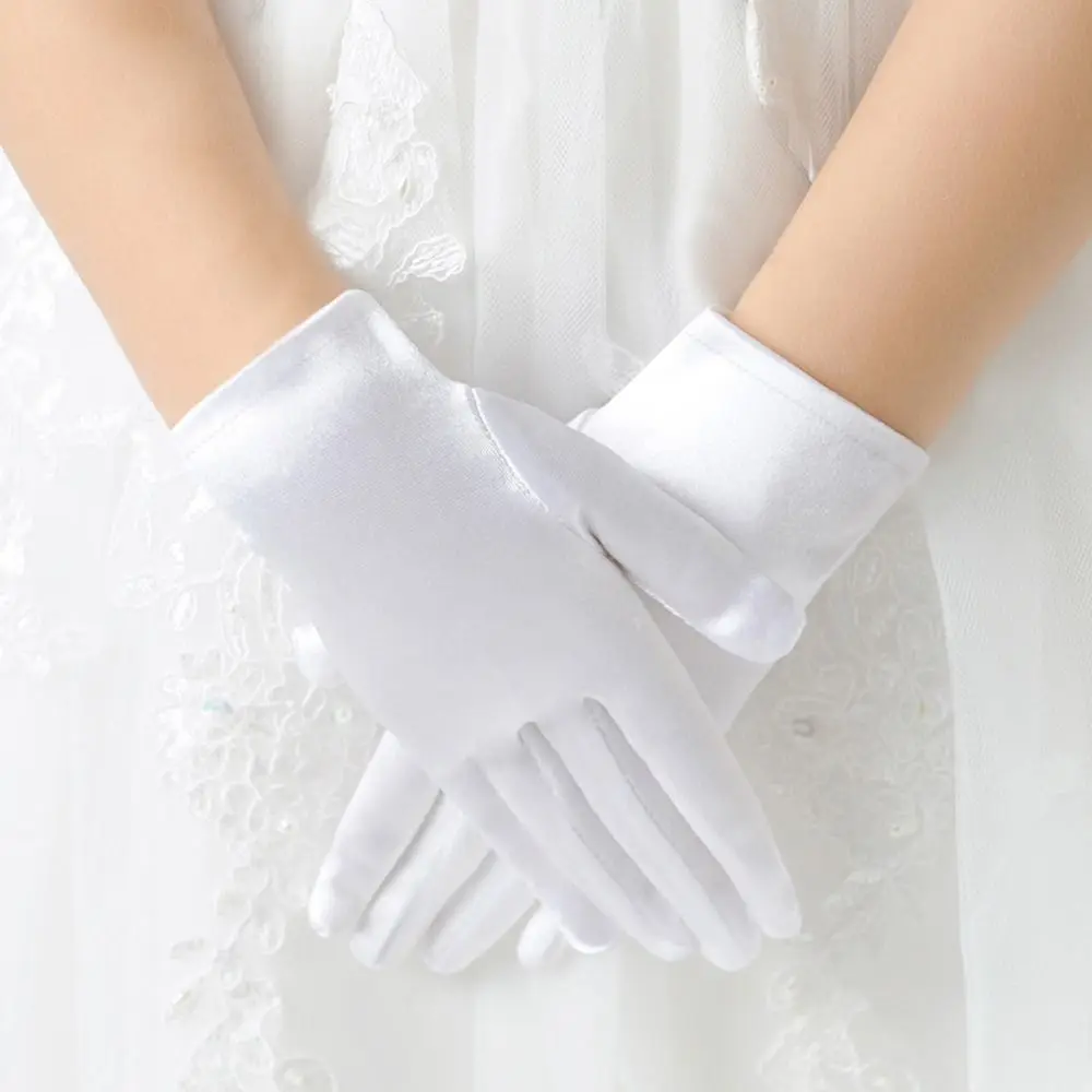 Elegant White Children's Wedding Gloves Short Glossy Satin Lace Gloves Elastic Etiquette Dress Gloves Festival