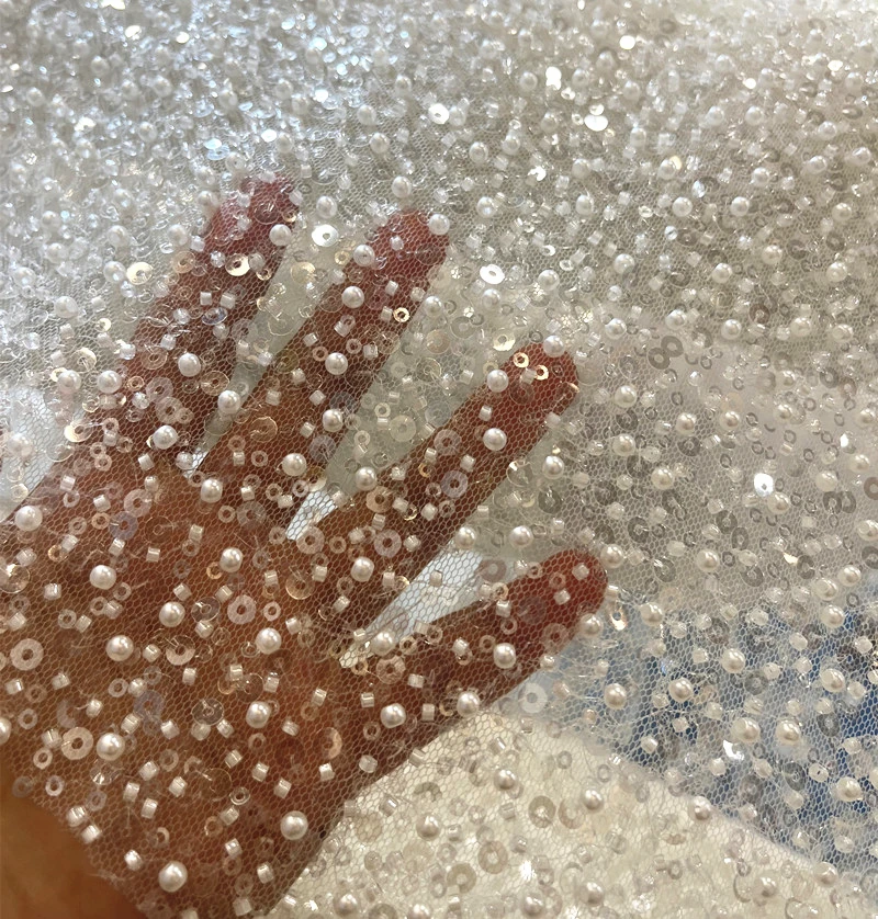 

Luxury Beading Lace for Wedding Ivory Color 130CM Wide Pearls Beads Sequins Sewing Material 1 Yard 91CM