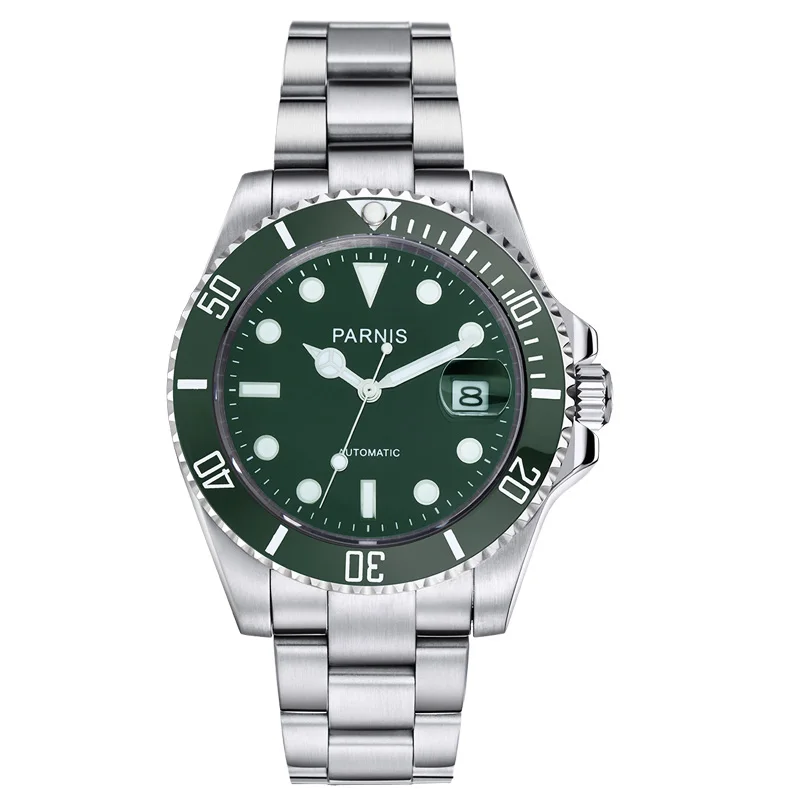 

2023 New Parnis 40mm Green Dial Automatic Mechanical Men Watch Sapphire Crystal Stainless Steel Men's WristWatches reloj hombre