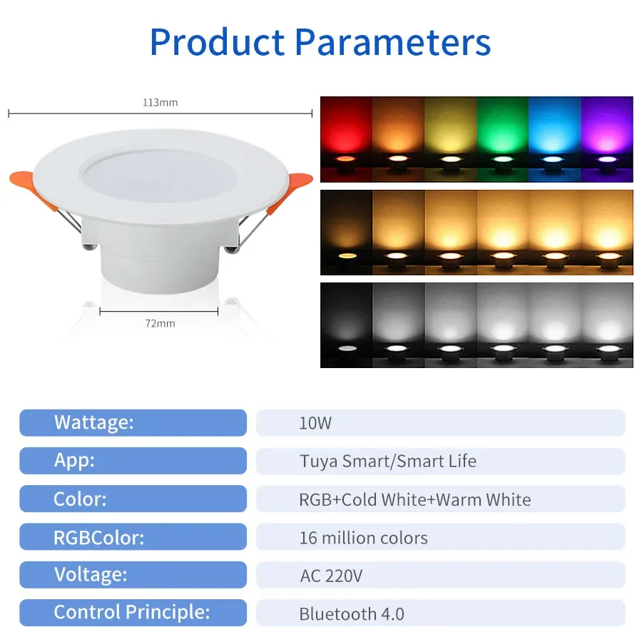 Tuya 스마트 LED 통 220V 10W 블루투스 RGB 디밍이 가능한 천장 조명 RF 2.4G 원격 스마트 라이프 APP 제어 침실 거실