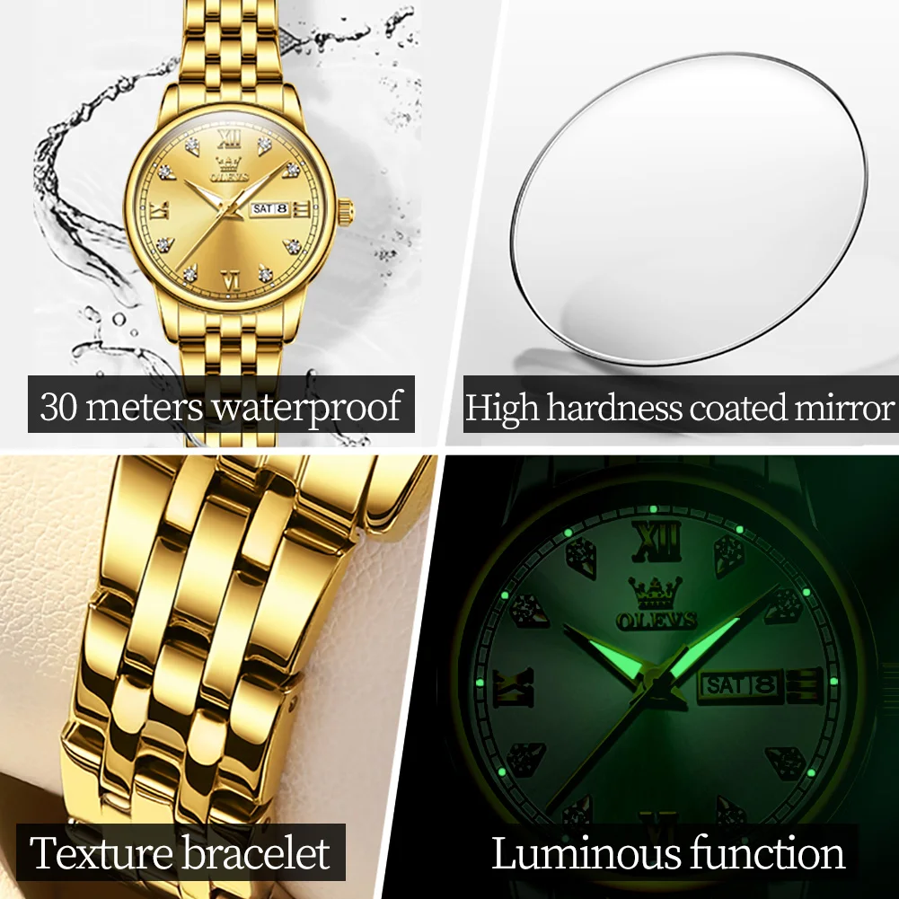 OLEVS Brand Women Fashion Week Date Quartz Watch for Ladies Waterproof Stainless Steel Luxury Wristwatch Womens Reloj Hombre