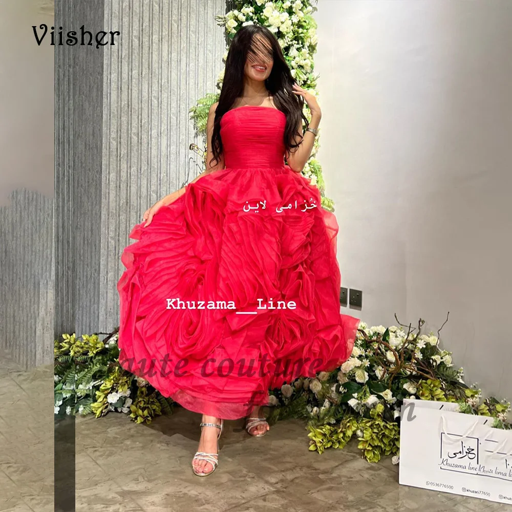 

Red Organza A Line Prom Dresses Pleats Strapless Arabic Dubai Evening Party Dress Ankle length Formal Gala Gowns Lace Up Back