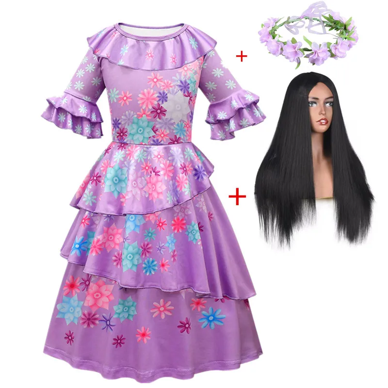 Anime Encantoing Isabella Cosplay Purple Costume Girls Dress Children Mirabel Fancy Dresses + wig Carnival Kids Princess clothes
