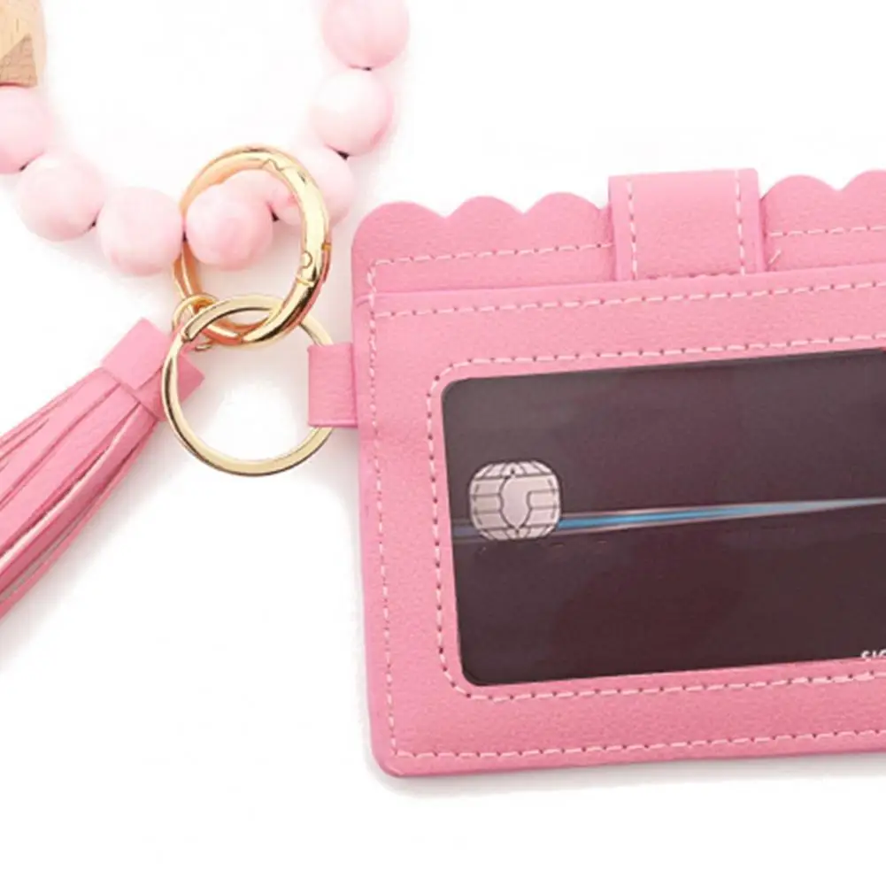 Leather Case Wristlet Keychain For Women Silicone Beaded Bracelet Wallet Wrist With Tassel Bangle Card Holder Women Purse