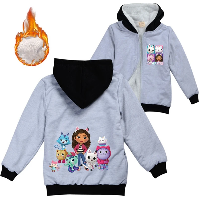 Gabby\'s Dollhouse Teenager Boys Clothes Kids Warm Thick Velvet Hoody Jacket Gabby Cats Baby Girls Zipper Jackets Children\'s Coat