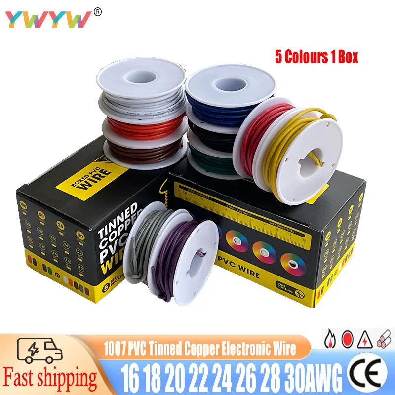 PVC 하이 퀄리티 DIY 연선 케이블 와이어 주석 도금 구리 와이어, AWM 1007, 30 28 26 24 22 20 18 16 AWG (5 색 세트)